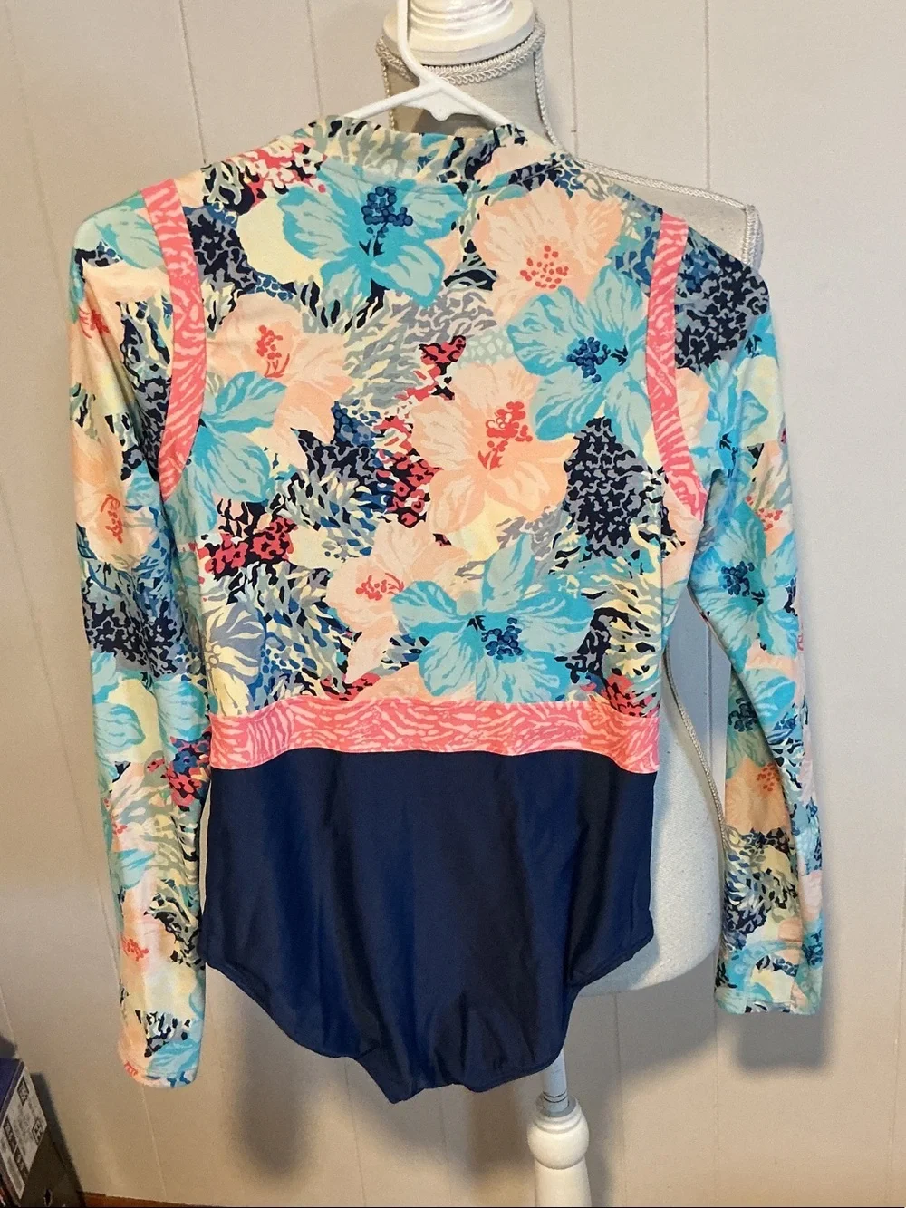 Athleta Girls Floral Long Sleeve One-Piece Swimsuit in Navy, Teal, Pink